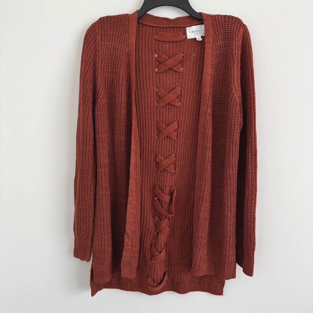 Pinque Cardigan Lace-Up Back Women S Rust Orange Open Front Knit Sweater